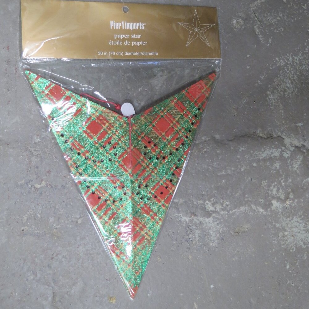 STAR Pier 1 Imports 30" Glitter Tartan 3D Paper Star Red Green